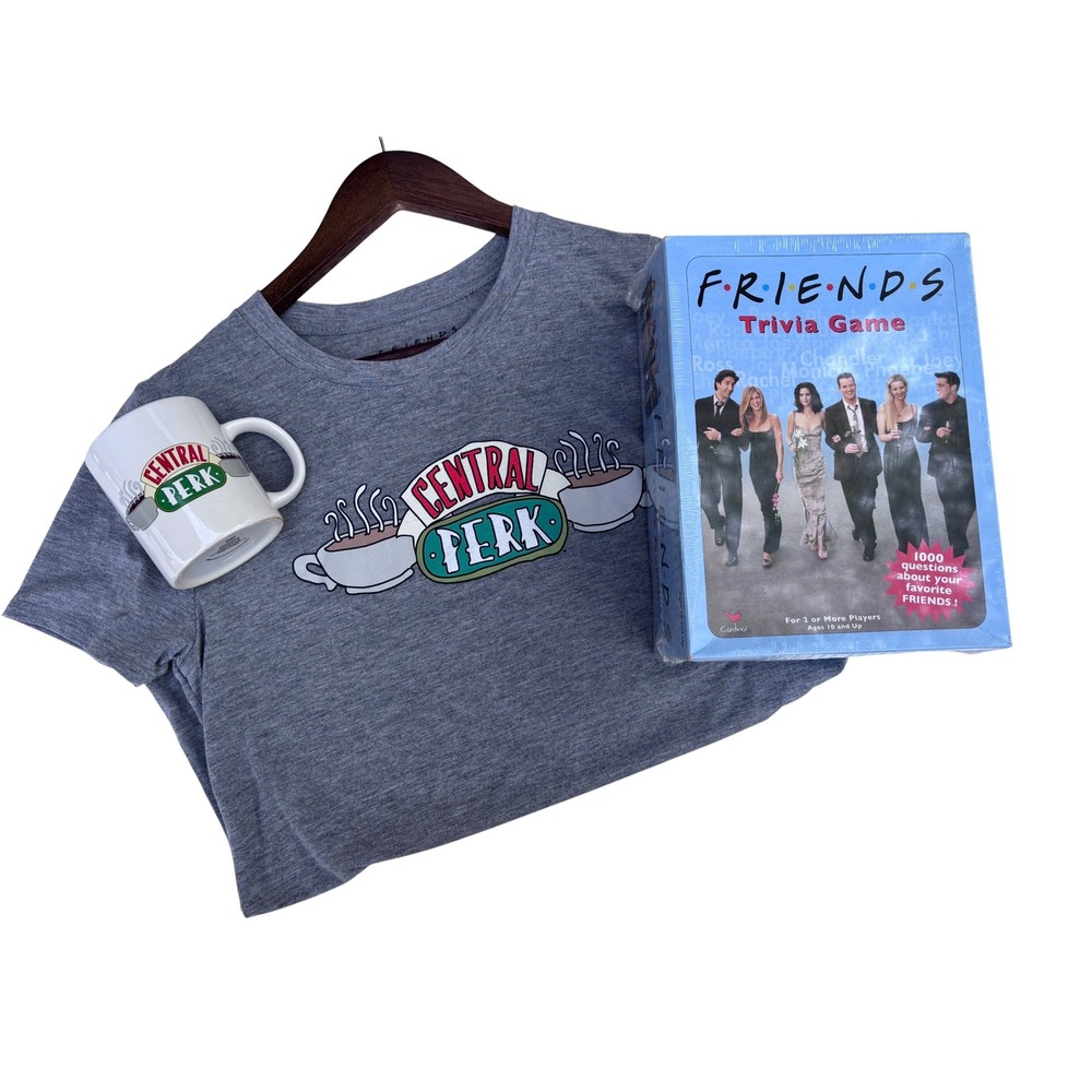 Friends Central Perk Bundle Shirt L Mug Trivia Game Gray TV Show Gift Set NWT